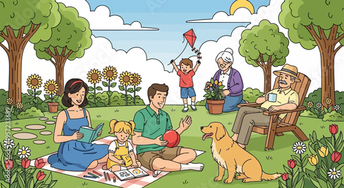 Family sitting on blanket in park.