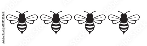 Four stylized cartoon bees in a row with simple wings and striped abdomens, graphic art