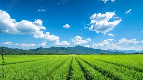 Vast green rice field landscape under a bright blue sky with white clouds.