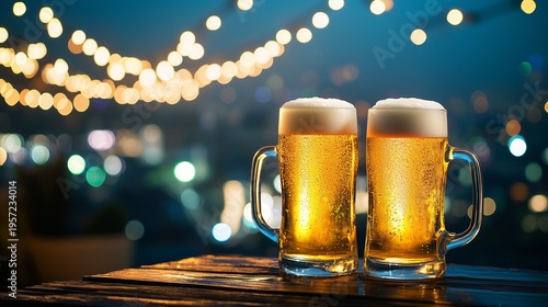 Two glasses of cold beer with foam on a wooden table at night, city lights bokeh.