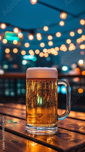 Two glasses of cold beer with foam on a wooden table at night, city lights bokeh.