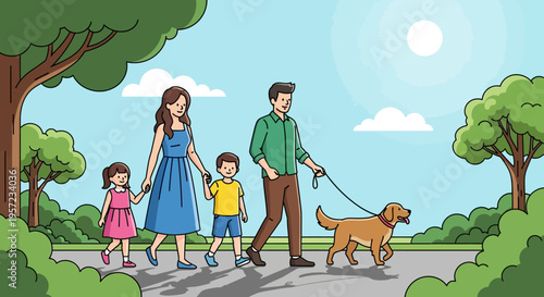 Family walking with dog together outdoors 1.
