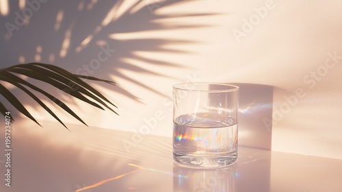 Glass of water on white table with tropical leaf shadows and rainbow prism light.