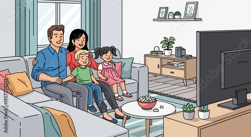 Family watching TV on couch together.