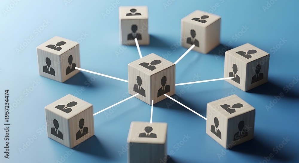 Fototapeta premium Wooden block network connection concept with central node and radiating links