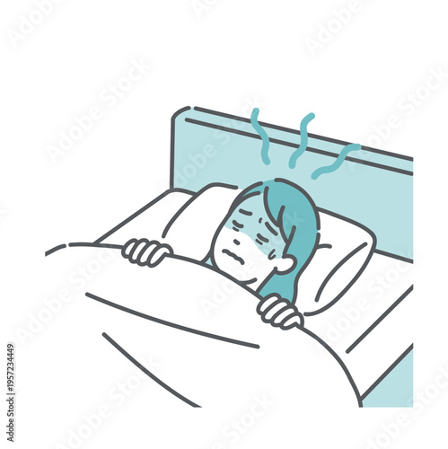 体調不良で寝汗をかいて寝苦しい女性のイラスト（発熱・更年期・熱帯夜）