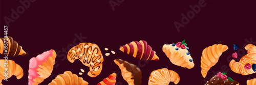 elegant horizontal frame composed of various sweets, including croissants, cupcakes, and fresh strawberries, against a dark background. Cartoon-style illustration.