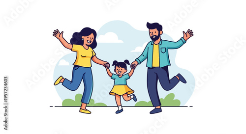 Happy family running together outdoors freely.