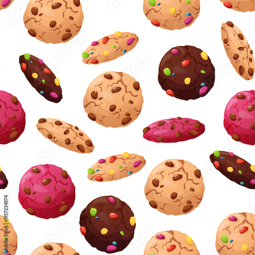Oatmeal cookies, shortbread cookies. Seamless repeating pattern. Sweet dessert for breakfast or lunch, hand-drawn cartoon-style illustration.