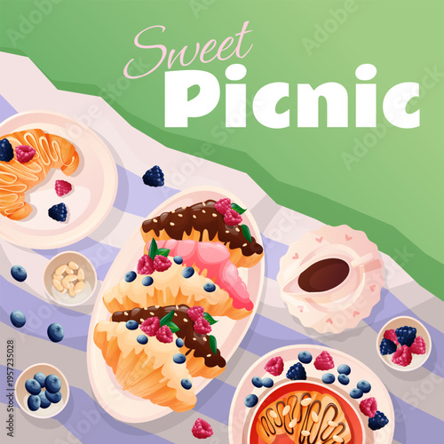 square frame with a summer picnic backdrop. A blanket in the park, snacks, baked goods, and beautiful tableware. A top view. A cozy outdoor party with food in the backyard and field. Postcard