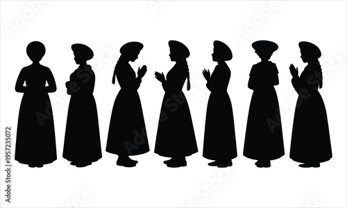 A row of seven anonymous female silhouettes dressed in long gowns stands in various thoughtful poses