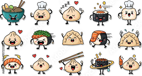Set of Funny Kawaii Asian Food Characters with Dumplings Sushi Rice Ramen and Snacks Cute Cartoon Mascots Collection for Stickers, Kids Designs, Branding and Social Media