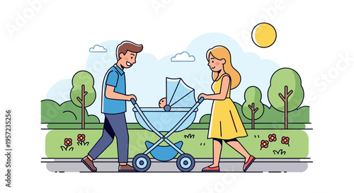 Man and woman pushing baby stroller.