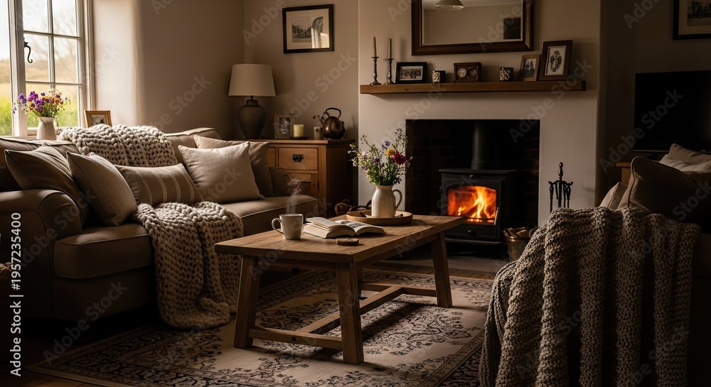 Fototapeta premium A cozy living room with a fireplace and comfortable furniture