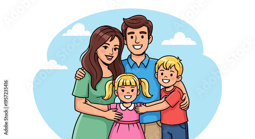 Smiling family of four together happy.