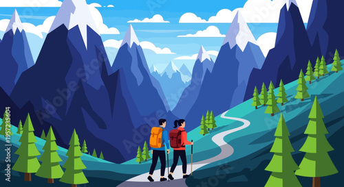 Two Hikers Walking on Mountain Trail.