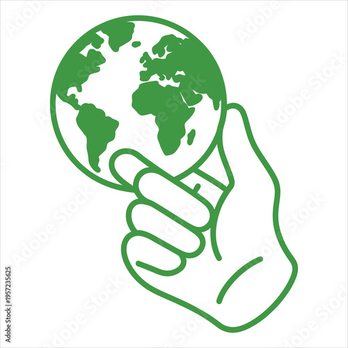 A single hand gently holds a green outlined globe, representing global care and stewardship