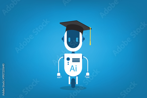 Artificial Intelligence Learning Robot with Graduation Cap, AI Education Concept, Smart Technology Assistant Character, Machine Learning, EdTech Vector Illustration