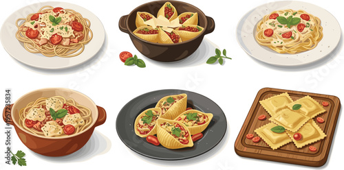 Italian Pasta and Ravioli Vector Illustration Set with Spaghetti, Lasagna, Stuffed Pasta, Plates, and Fresh Ingredients for Restaurant Menu Design, Food Branding, and Culinary Projects
