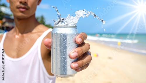 A refreshing drink splash captured on a sunny beach day. The image features a man holding a can of beverage, with water splashing out