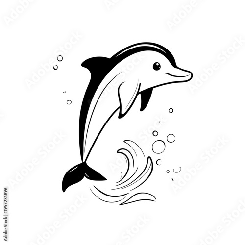 Dolphin. Dolphin simple black and white line art vector logo