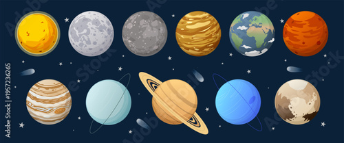 Set of solar system planets and celestial bodies. Outer space vector illustration