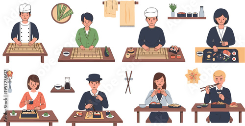 Sushi Making and Dining Vector Illustration Set with Chefs Preparing Rolls, People Eating Japanese Cuisine, Table Scenes, Ingredients, and Traditional Food Culture for Restaurant Branding and Menu 