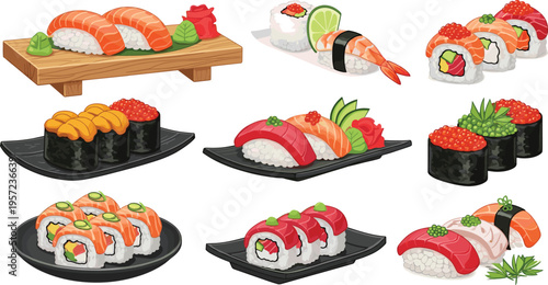 Sushi Food Vector Illustration Set with Nigiri, Maki Rolls, Salmon, Tuna, and Japanese Cuisine Dishes for Restaurant Menu Design, Packaging, and Culinary Branding Projects
