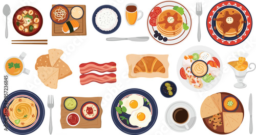 International Breakfast Food Vector Illustration Set with Pancakes, Eggs, Croissant, Soup, Flatbread, Coffee and Diverse Dishes for Cafe Menu Design, Restaurant Branding, and Culinary Projects