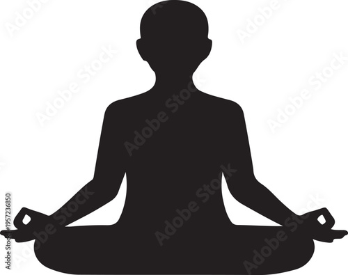 Black silhouette of a person meditating in lotus position isolated on white background