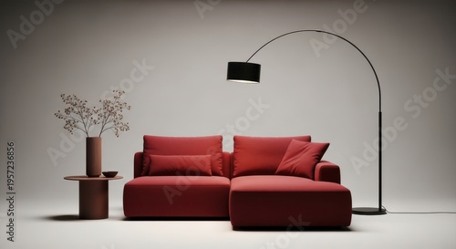 Modern living room with red sectional sofa and sleek floor lamp