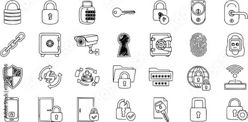Hand-Drawn Security and Protection Icons Set: Locks, Keys, Safe, CCTV, Fingerprint, Data, and Digital Safety Symbols
