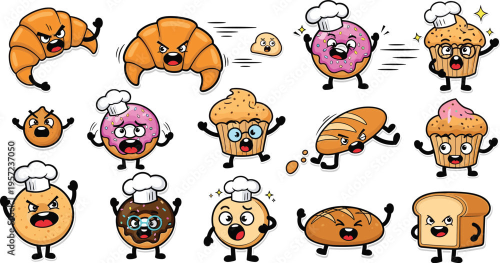 Naklejka premium Funny Cartoon Bakery Characters Vector Set with Donut, Croissant, Muffin, Bread and Pastry Mascots Showing Emotions for Stickers, Kids Design, Cafe Branding, Packaging, and Social Media