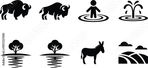 Minimal black and white icon set illustration, bison, donkey, human water, tree reflection, nature, wildlife, landscape symbols collection