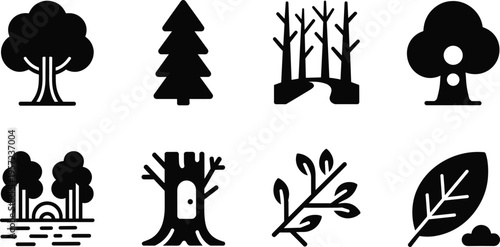 Minimal tree icon set, forest silhouettes, black white vector illustration, nature symbols, woodland elements, leaf branch stump, modern flat design