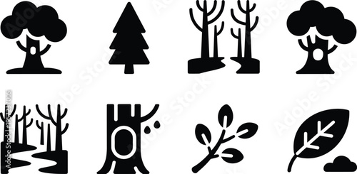 Minimalist tree icons, forest silhouettes, nature symbols, black white illustration, woodland elements, leaf branch stump, simple vector design, eco concept