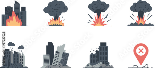 Natural disaster flat icons set illustration, earthquake damage, explosion, fire in city, building collapse, hazard warning, emergency crisis symbols