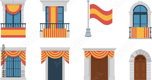 Spanish balcony and window decoration set, national flag colors, festive curtains, traditional architecture facade elements, flat vector illustration collection
