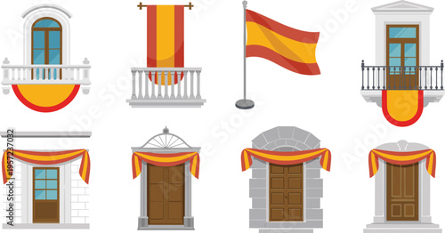 Spanish balcony and door architecture set, festive decorations, national flag, traditional windows, building facade elements, flat vector illustration collection