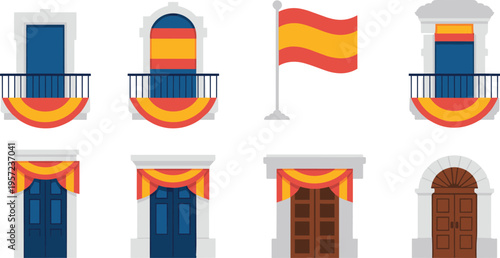 Spanish decorative balcony and door elements set, national flag colors, festive architecture, windows, curtains, traditional building facade vector illustration
