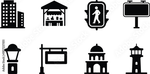 Urban city infrastructure icon collection, buildings, market stall, pedestrian signal, billboard, street lamp, signboard, landmark tower, minimalist vector set