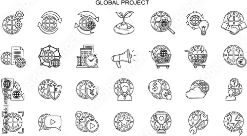 Global Project Line Icons Set - Hand Drawn Doodle Symbols for International Business, Technology, Finance, Communication, and Development Concepts