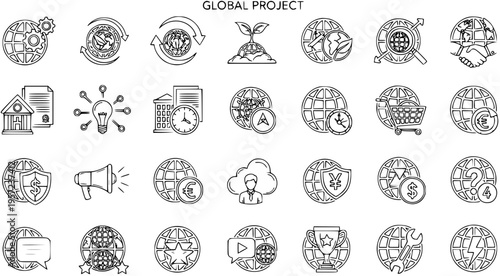 Global Project Outline Icons Set: Business, Finance, Economy, Technology  Communication. International Development, Trade, Security, and Growth Line Art Symbols for Web  App.