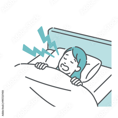 ベッドで大きないびきをかいて寝ている女性のイラスト（睡眠時無呼吸症候群・口呼吸）