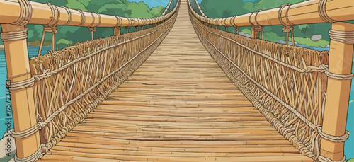 Crossing a wooden rope bridge over a river surrounded by trees during daylight hours