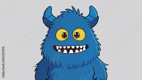 Blue cartoon monster with big eyes smiles cheerfully