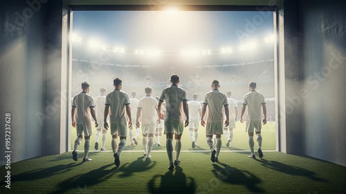Cheerful team strides under shining stadium illumination with enthusiasm