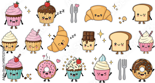 Cute Kawaii Dessert Characters Vector Set with Cupcakes, Donuts, Croissant, Chocolate, Bread and Sweet Food Mascots for Stickers, Kids Design, Bakery Branding, Packaging, and Social Media