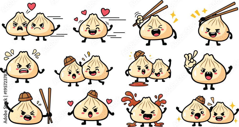 Fototapeta premium Cute Kawaii Dumpling Characters Vector Set with Funny Expressions, Chopsticks, Love, Angry, Happy Faces for Stickers, Kids Design, Asian Food Branding, Packaging, and Social Media Graphics