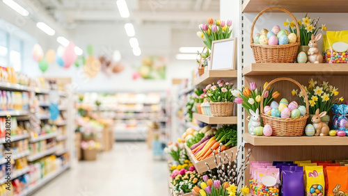 Easter eggs and baskets displayed on supermarket shelves with tulips daffodils and candies. Spring holiday decorations in grocery store aisle. Seasonal shopping concept for easter celebration